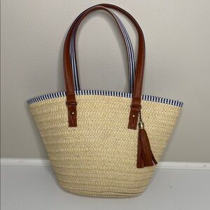 SorneanTan Brown Straw Striped Beach Resort Summer Nautical Preppy Tote Bag